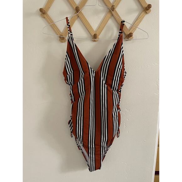 Cupshe Swimsuit Women's Medium One Piece Striped Side Tie Strings V Neck - Picture 2 of 6
